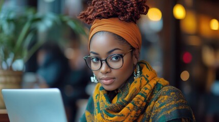 Business freelancer young black woman african american girl using laptop computer for work at a cafe. Modern technology with online internet. Remote work, freelance.