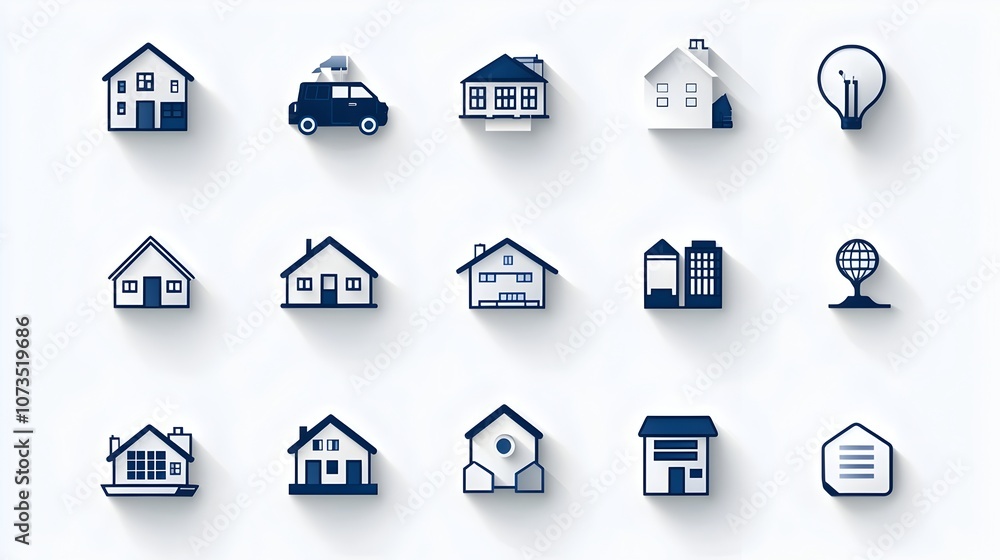 Poster Simple line icons representing houses apartments and office buildings in a minimalist style  This image is designed for use in real estate construction and urban development projects websites