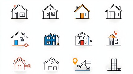 Minimalist Line Icons Depicting a Variety of Residential and Commercial Building Structures Ideal for Real Estate Construction or Housing Industry Concepts and Designs