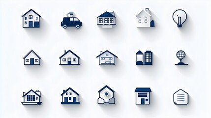 Simple line icons representing houses apartments and office buildings in a minimalist style  This image is designed for use in real estate construction and urban development projects websites