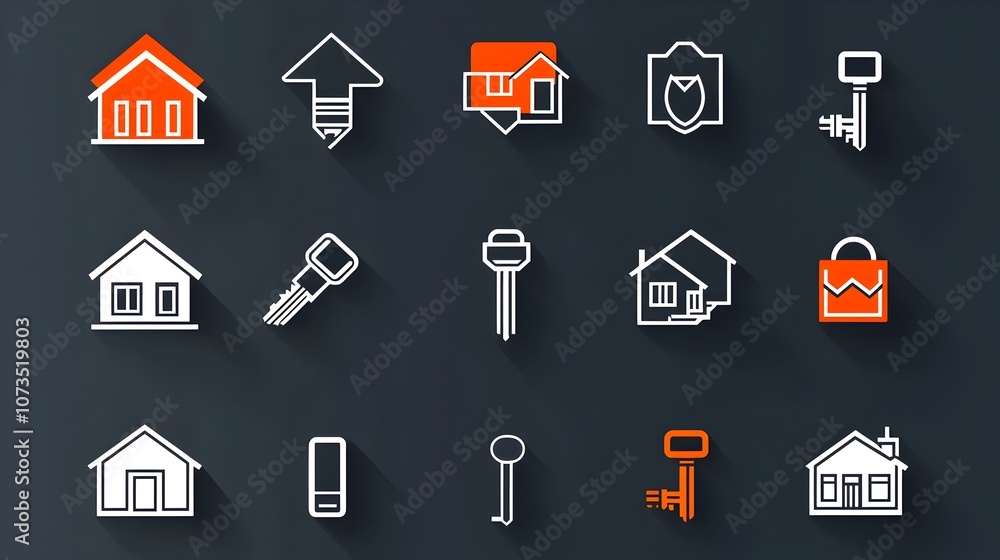 Poster collection of minimalist icons and representing various elements of the real estate industry includi