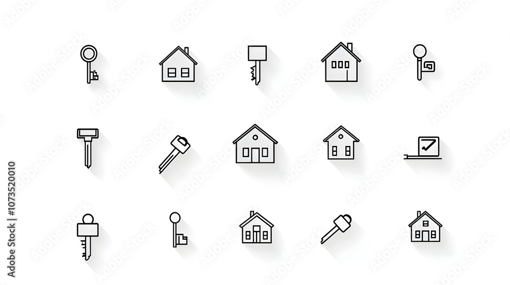 Aufkleber Comprehensive collection of modern minimalist line icons representing various real estate concepts and elements such as keys contracts house listings residential and commercial properties