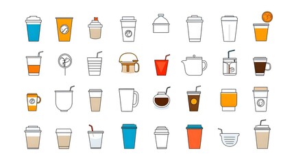 Line icon set featuring disposable paper coffee cups with sleeves and plastic tea drink containers on a clean white background  Design elements for cafes restaurants catering takeout