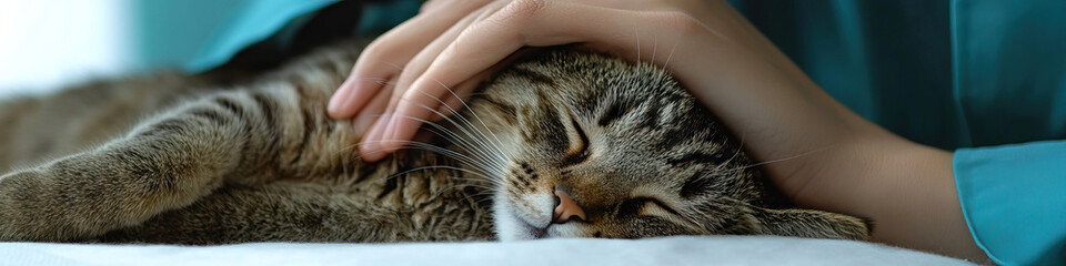 Calming Paw: A vet tech gently strokes a sleepy cat's fur.