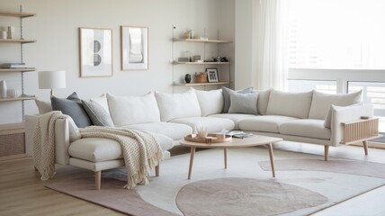 Fototapeta premium Modern Scandinavian Living Room with Cozy Minimalist Decor, Soft Pastel Accents, and Inviting Natural Light