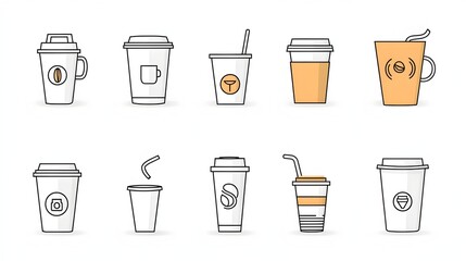 Assortment of Simple Outline Style Coffee Cup Icons Including Disposable Plastic and Paper Cups for Cafe Branding Menu Design and Packaging Templates