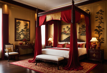 A serene Chinese bedroom with a grand four-poster bed draped in rich red silk curtains. The bed is adorned with ornate carvings and a silk headboard embroidered. The walls are painted a deep burgundy 