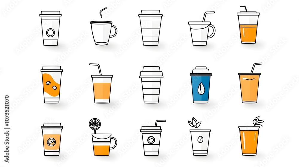 Poster collection of minimalist outline icons depicting various coffee cups juice containers and other beve