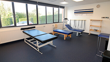 Modern physical therapy room with treatment tables. Clean and bright physiotherapy room with medical equipment.