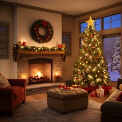 Cozy Holiday Living Room with Decorated Christmas Tree and Fireplace Ambiance