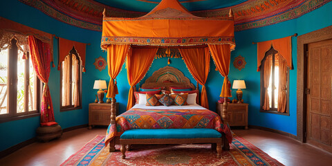 A vibrant Indian bedroom with a canopy bed draped in colorful silk fabric. The bed is adorned with intricately embroidered cushions and a canopy embellished with tassels and beads. 