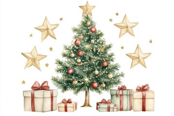 Watercolor Illustration of Christmas Tree with Presents and Stars