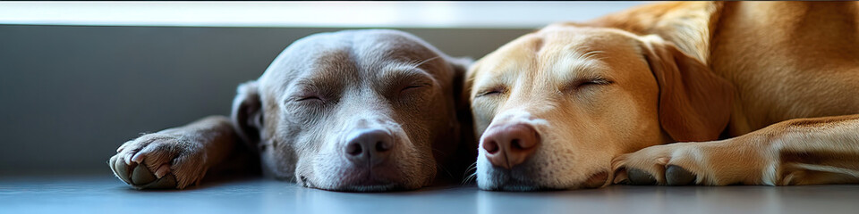 Two dogs resting together at a vet office.