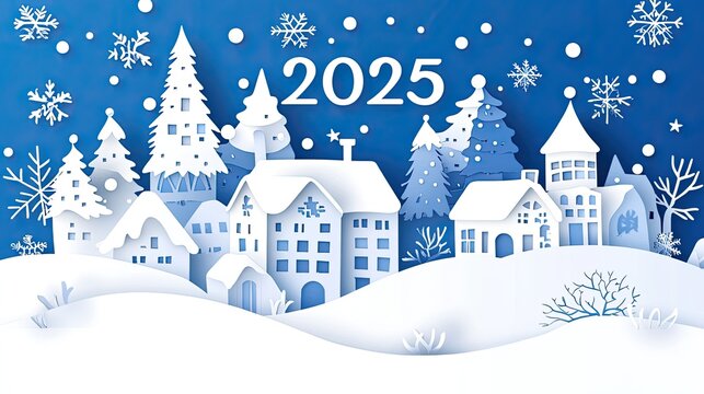 Paper-cut city skyline with "2025" and festive lights above, celebrating the New Year with creative, layered paper art.