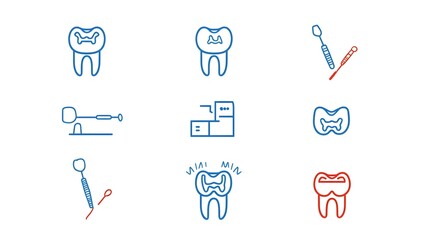 Collection of linear icons depicting various dental and oral healthcare procedures including root canal filling tartar removal and other common treatments  Useful for medical healthcare