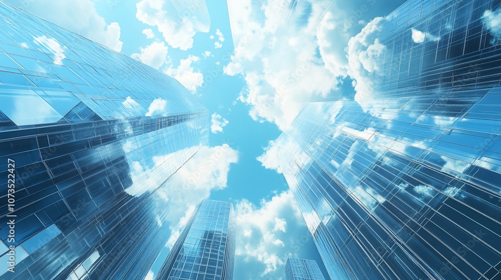 Aufkleber low angle view of skyscrapers reaching towards a blue sky with white clouds.