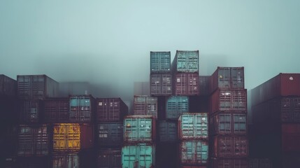 Stacked Shipping Containers in Misty Atmosphere Captured in a Moody Landscape, Perfect for Industrial and Urban Themes in Photography Projects