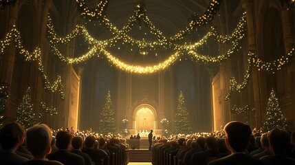 People attending a Christmas church service, singing carols while the church is adorned with lights, a nativity scene, and festive decorations.
