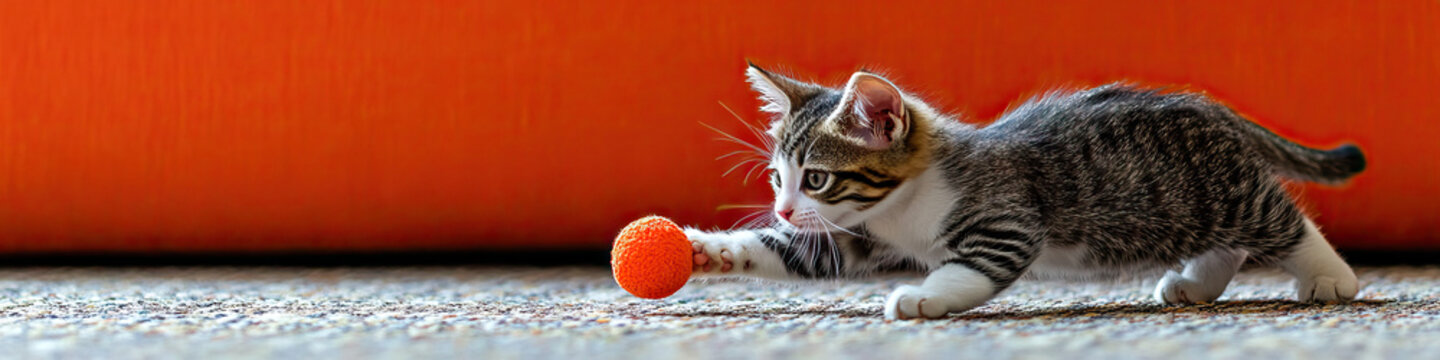 A playful cat chasing a toy at a pet adoption event.