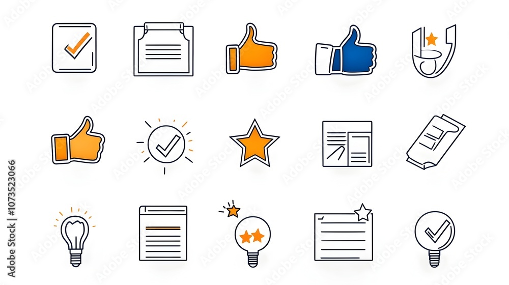 Poster Collection of outline icons for feedback rating and review form including stars thumbs up and other elements for business marketing web and app design user experience