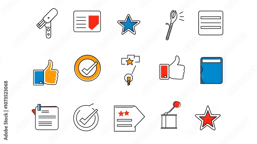 Poster Comprehensive collection of simple outline style icons representing various feedback elements such as stars thumbs up and review form  This can be used for web design user interface