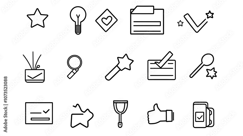 Poster showcasing a collection of minimal outline icons for customer feedback rating review forms and assessment  Includes star thumb up and various form elements