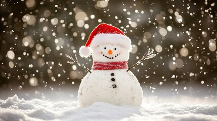 Playful snowman in a Santa hat, surrounded by snow, with a joyful winter atmosphere and holiday cheer in the background. --chaos 25 --ar 16:9 --v 6.1 Job ID: 66d22ea6-cb70-4047-8687-b90ba0a4f3bc