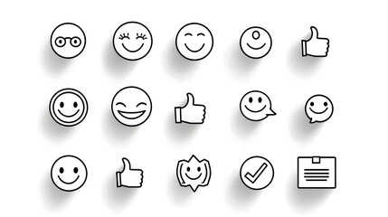 Stylized line art icons depicting customer satisfaction and positive feedback symbols such as happy faces thumbs up and testimonial graphics for business service and review concepts