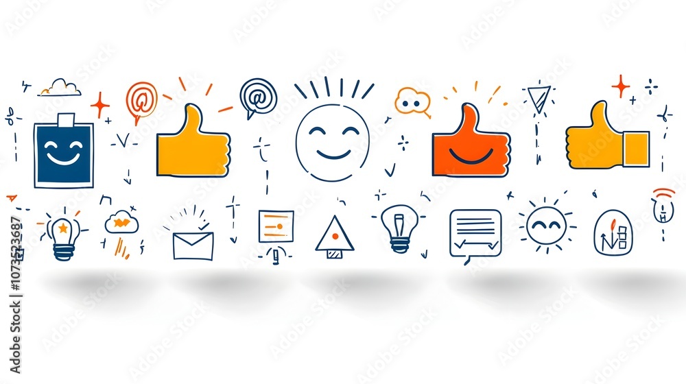 Poster elegant of customer experience icons in line art style with thumbs up happy face and review symbols 