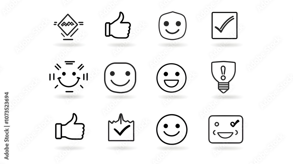 Poster Simple line style customer experience icons with thumbs up happy face and review symbols Graphic design elements for business service feedback and user interface concepts