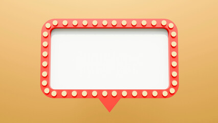 Retro billboard display box or blank long red signboard with glowing yellow neon light bulbs isolated on yellow background. Sale banner.