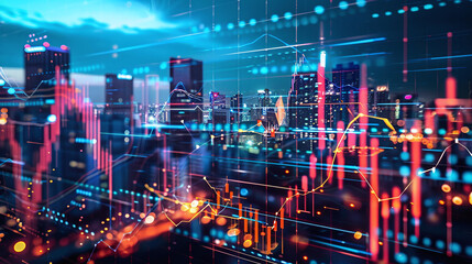 A vibrant city skyline at dusk with digital financial graphs overlaid, illustrating the intersection of technology and urban finance in a modern metropolis