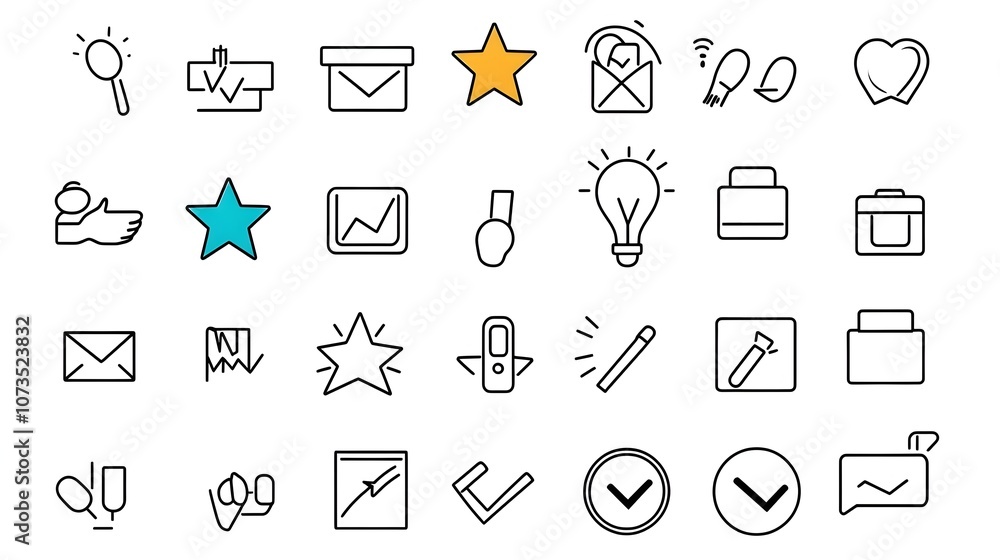 Poster Collection of Stylized Rating and Feedback Icons with Star Symbols Comments and Satisfaction Level Indicators Designed in Outline Style for Use in Digital Platforms Websites Mobile Apps