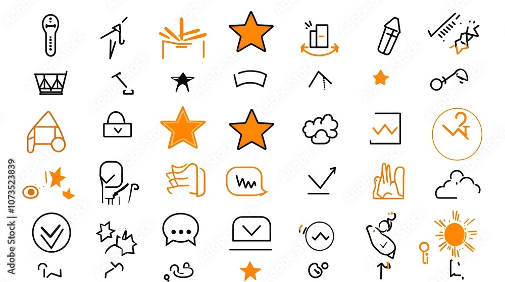 Poster Comprehensive set of rating and feedback icons in minimalist outline style including star ratings comment symbols and satisfaction level indicators  Suitable for web design user interfaces