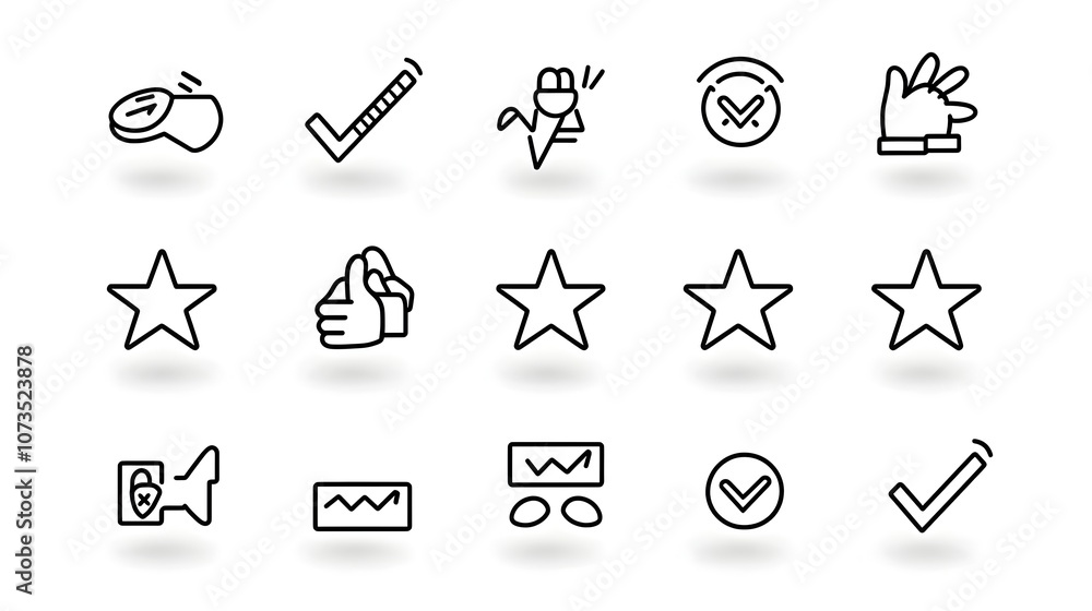 Poster Digital collection of rating and feedback icons featuring stars comments and satisfaction level indicators in a clean minimalist outline style  These graphic elements are perfect for user interface