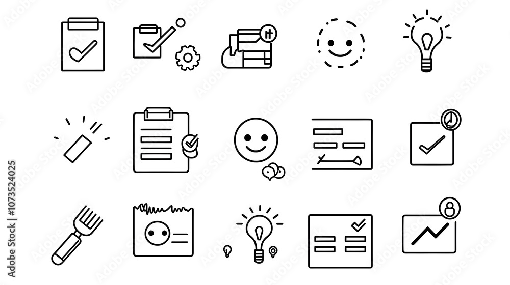 Poster Comprehensive set of line icons designed for efficiently collecting client feedback including a rating scale with happy face icons and various review form layouts