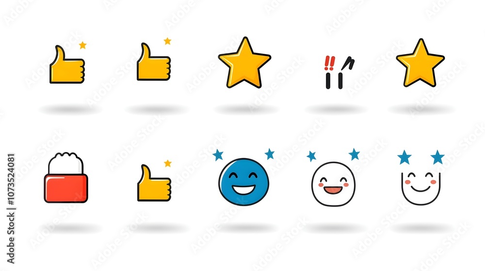 Poster minimalist linear feedback icons featuring rating stars thumbs up and happy customer face on a clean