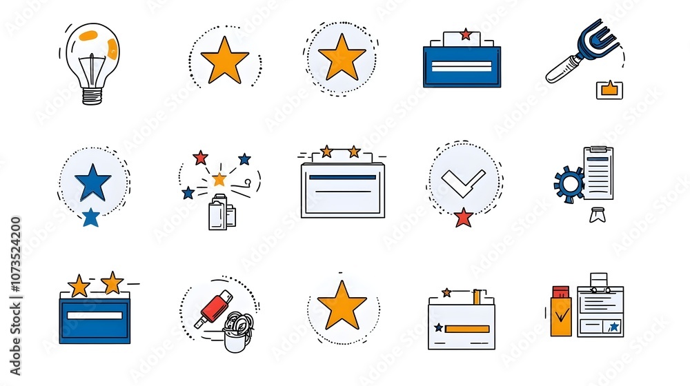 Aufkleber Outline Customer Experience Icon Set Featuring Star Ratings Comment Boxes and Satisfaction Level Indicators for Data Visualization and Business Analysis