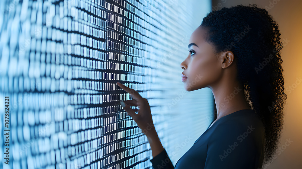 Poster black businesswoman is analyzing a digital wall screen of binary code as data analyst programmer