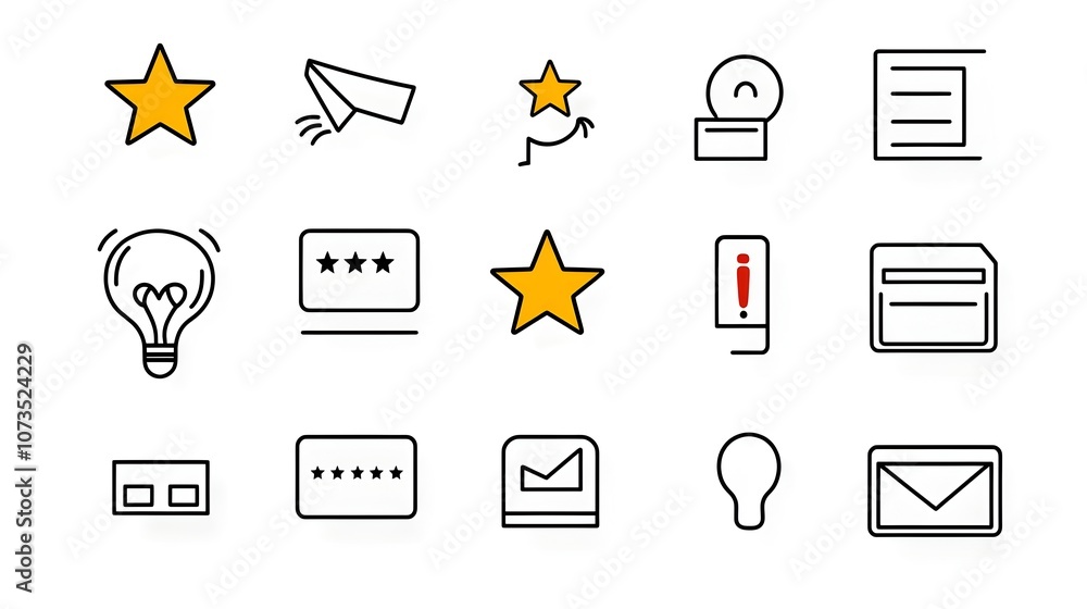 Aufkleber Comprehensive set of outline icons depicting various elements of customer experience management including star ratings comment boxes satisfaction levels and other relevant symbols for web app