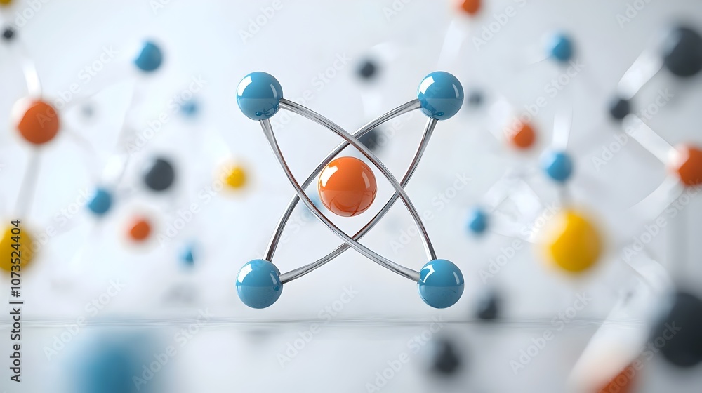Aufkleber Detailed and Colorful Atomic Structure with Protons and Neutrons in the Center Surrounded by Orbiting Electrons on a Bright and Minimalist Background