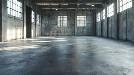 Obraz premium A large, empty warehouse with concrete walls and floors. The space is lit by natural light coming through the windows.