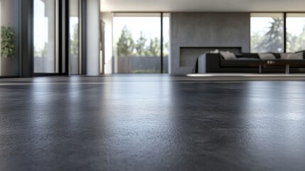 A low angle shot of a sleek, modern living room with a glossy, dark floor. The room is bathed in natural light, showcasing the contemporary design.