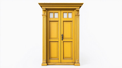Obraz premium Bright yellow double door with decorative trim on white background