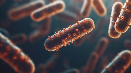 Fototapeta premium Close-up view of red bacteria with high-definition textures and vivid colors, floating in a dark background.