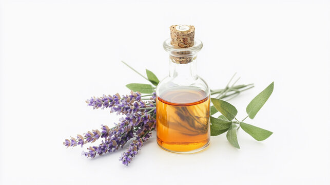 Lavender oil in a glass bottle with fresh lavender sprigs