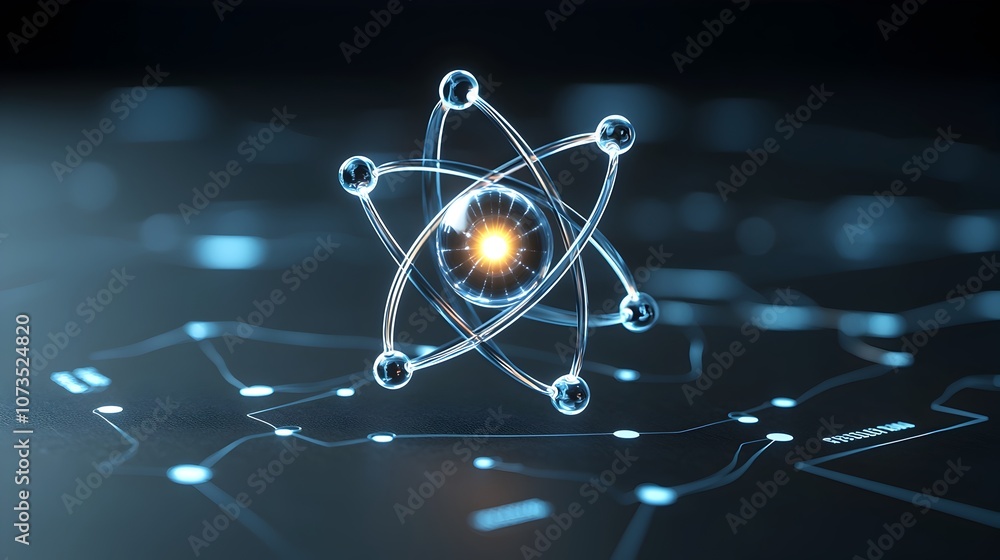 Fototapete visually striking 3d digital of a creative atomic structure with neon colored electron paths and a r