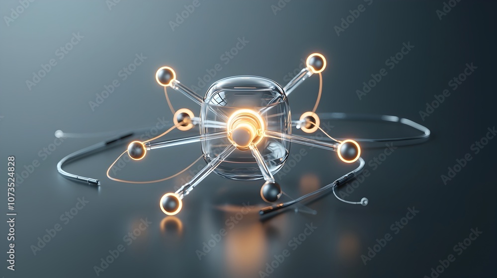 Poster A visually captivating 3D atom design with neon electron paths and a radiant glowing center creating a striking and futuristic scientific