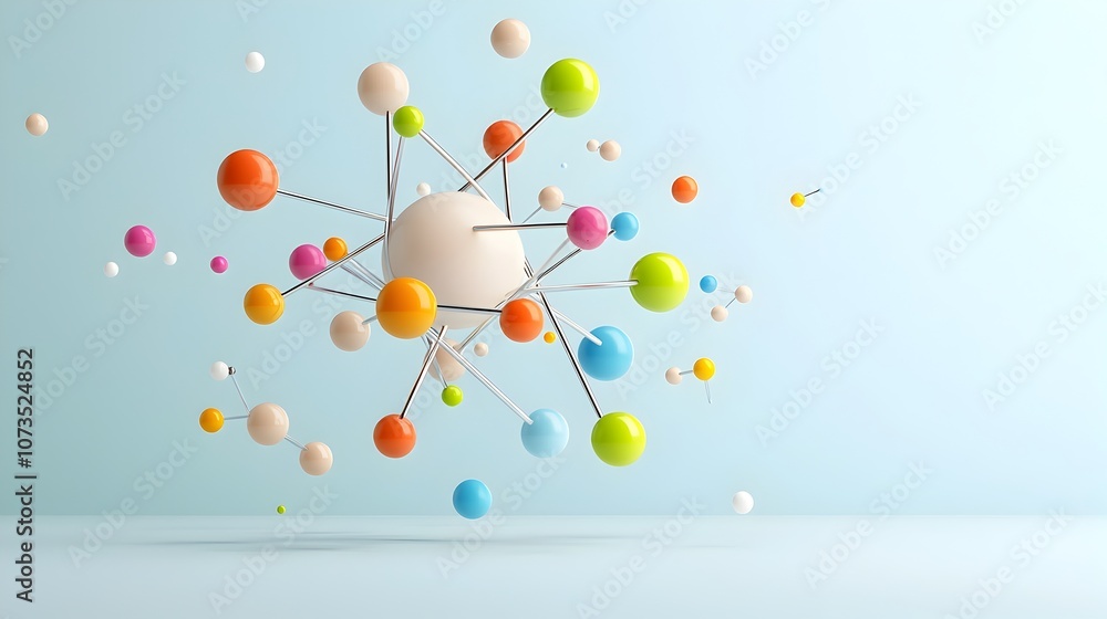 Poster Captivating digital showcasing a meticulously crafted atomic structure with smooth gradients and vibrant multicolored particles isolated against a crisp and minimalist background in a 16 9 aspect