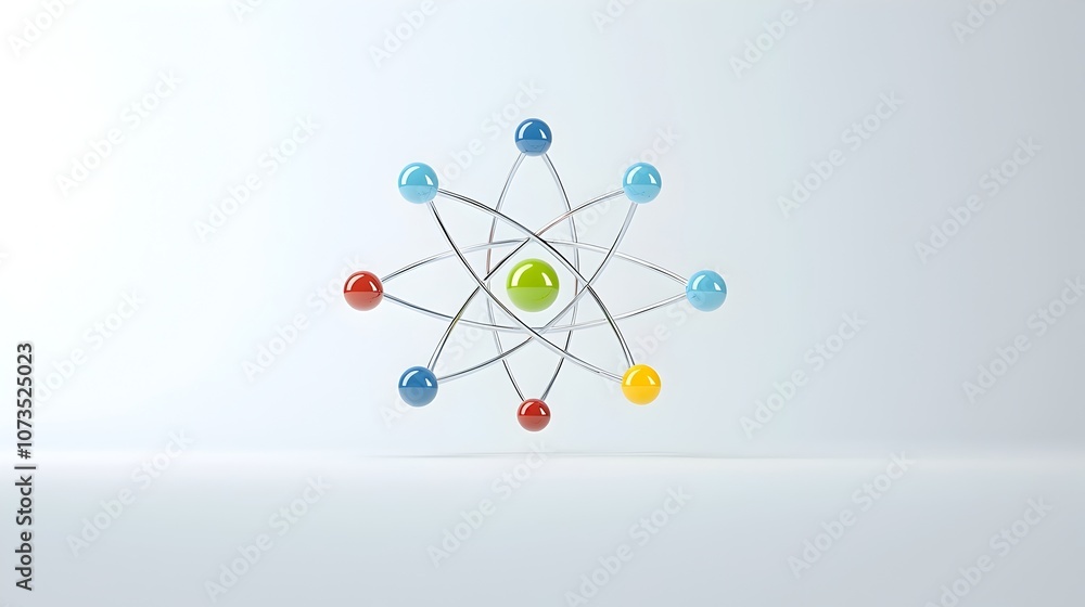 Poster detailed 3d of an atomic nucleus with distinct colored electron orbitals set against a clean high co